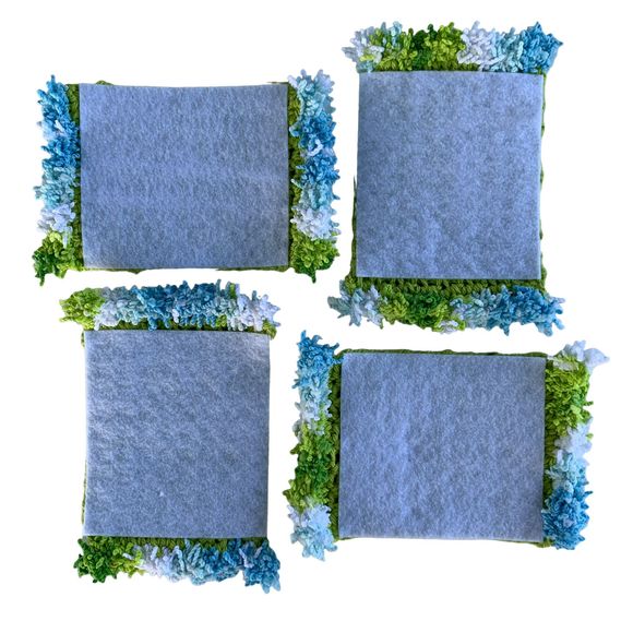 Mug Rugs Handmade Crochet Green Blue White Cotton Fringe Set of 4 Coasters - Picture 9 of 10